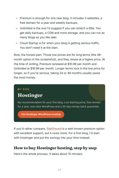 A page from Chapter 4 with the My pick card for Hostinger and honest renewal prices
