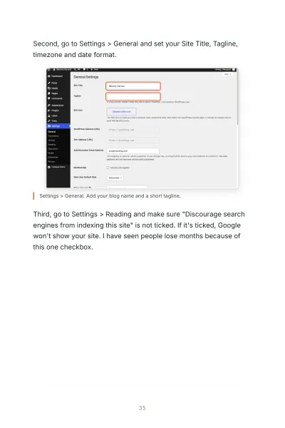 A WordPress setup step with a real screenshot