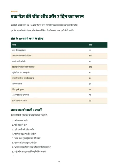 One page cheat sheet with a 7 day plan