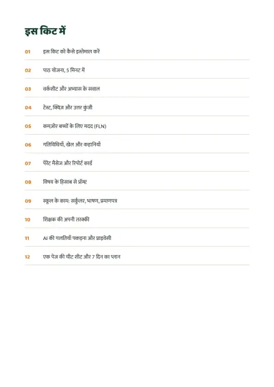 Contents page listing the 12 chapters of the kit